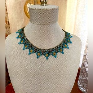 Beaded Turquoise and Gold Collar Choker Necklace
